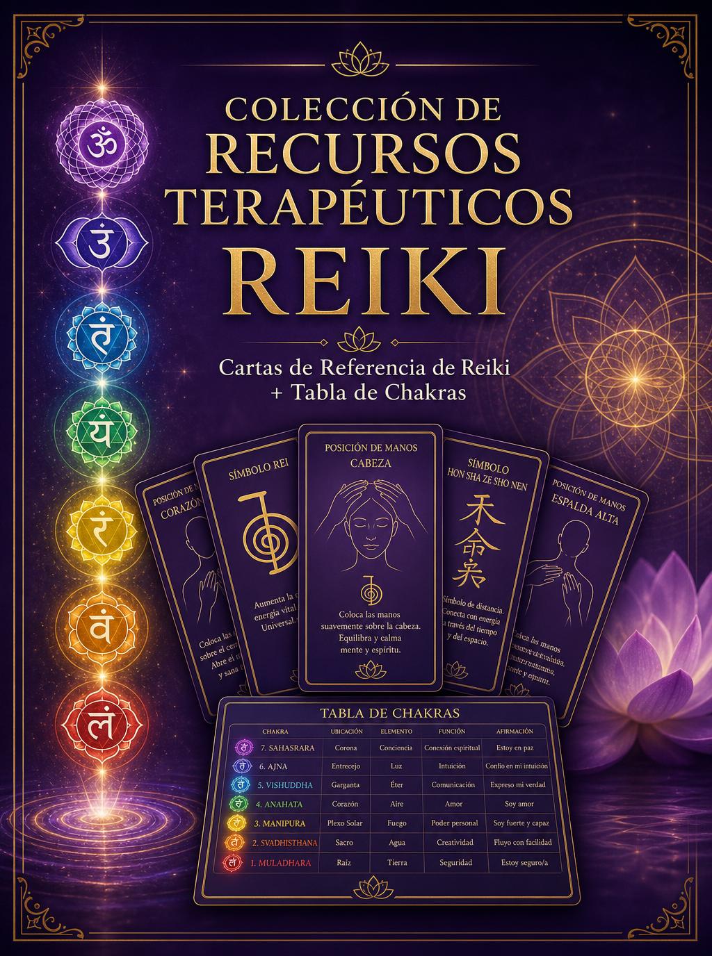 Colección de Recursos Terapéuticos Reiki: Cartas de Referencia de Reiki + Tabla de Chakras